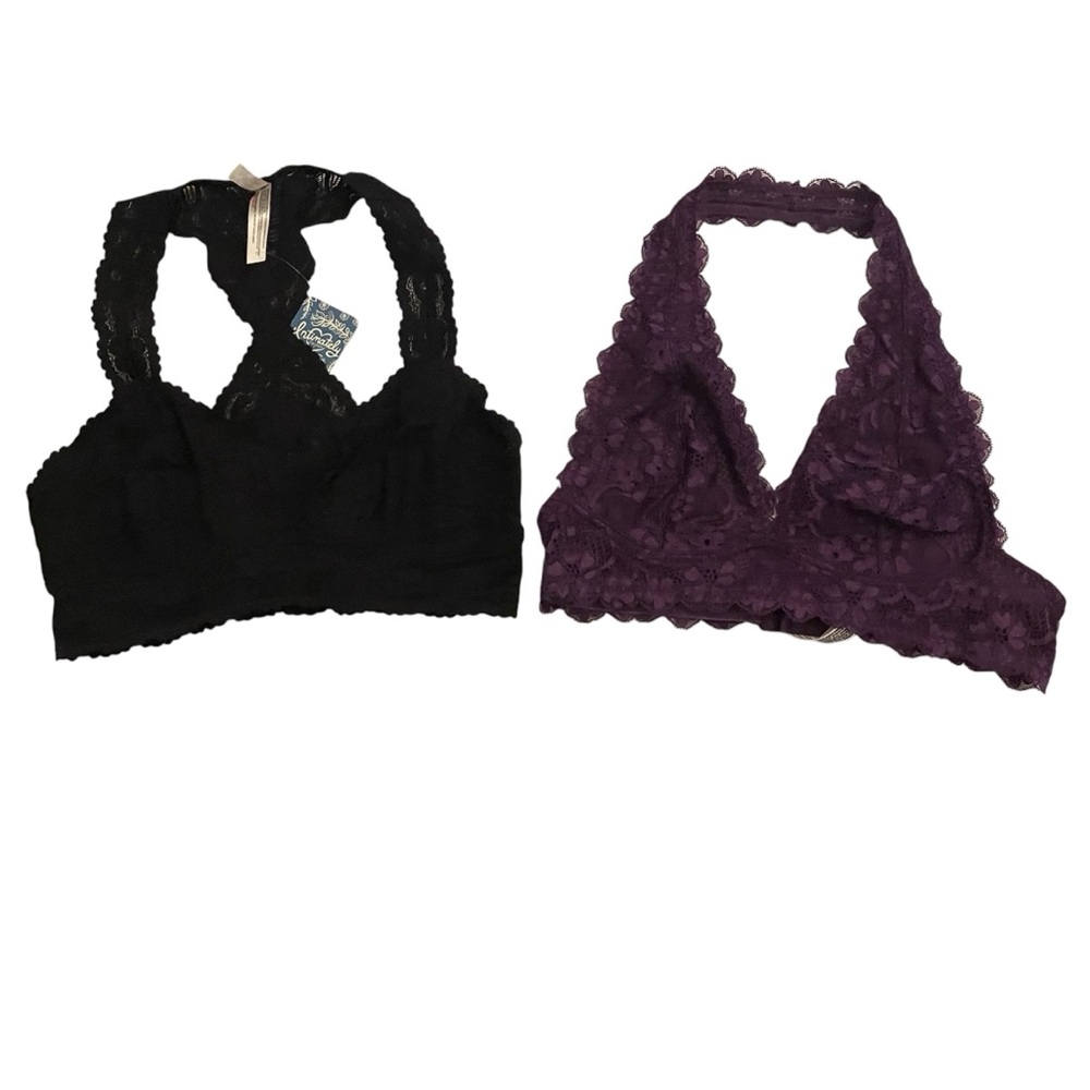 Free People Galloon Lace Racerback & Halter Black Purple Lace Bralette Set Small